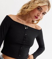 New Look Black Ribbed Bardot Button Crop Top
